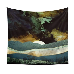 Detail of mountain forest tapestry showing vintage marble texture and abstract crescent moon