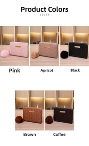 Close-up of quilted zip wallets in five colors with fluffy pom-poms and gold metal bars