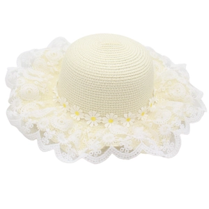 Girls cream straw sun hat featuring elegant lace brim and delicate daisy flower trim