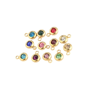 Set of 12 colorful round birthstone charms with golden titanium steel edging for DIY jewelry