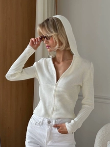 Women Ribbed Knit Hooded Sweater Jacket Cotton Polyester Slim Fit Zip Up Cardigan Long Sleeve Solid Streetwear Casual
