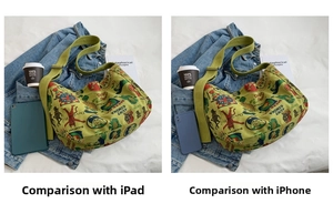 Canvas messenger bag size comparison showing iPad and phone storage capacity