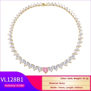 Detail showing dimensions of pink heart crystal necklace with 18K gold plated brass finish