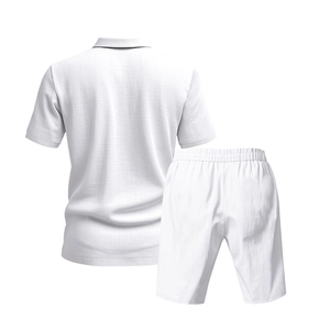Rear view of white men's cotton linen polo and shorts set with 3D texture details