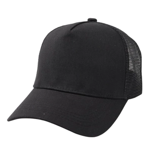 Close-up of the breathable black mesh back and adjustable strap on a classic trucker hat