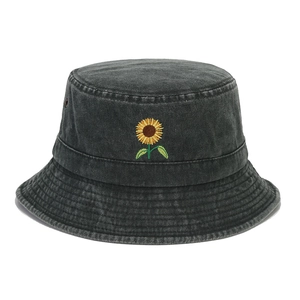 Washed charcoal grey denim bucket hat with sunflower embroidery and metal eyelets