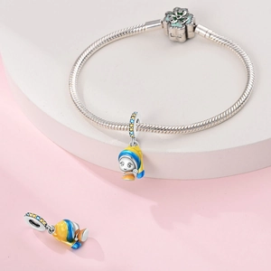 Detail of Girl with a Pearl Earring enamel bead with sparkling rhinestones on a silver chain