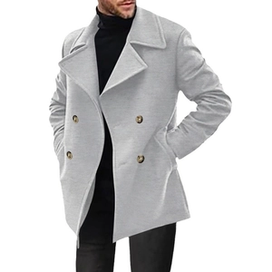 Grey double-breasted mid-length wool coat for men with a classic lapel and four-button detail
