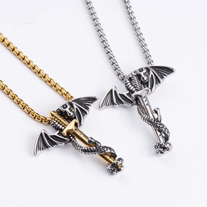 Gothic dragon sword pendant necklace in silver and gold tone stainless steel