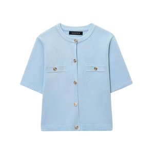 Short sleeve light blue knit cardigan with gold buttons and round neck flat lay view