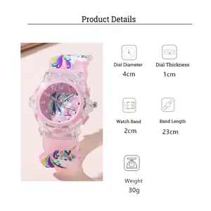 Detailed size specifications and dimensions for the pink unicorn kids silicone watch