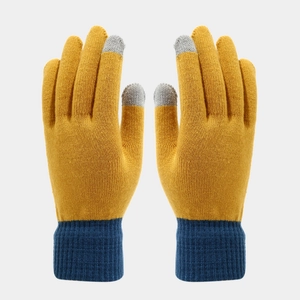 Close-up of three-finger touchscreen knit gloves with ribbed cuffs in mustard and navy