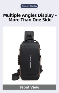 Detail view of anti-theft chest bag featuring security lock and external USB charging port
