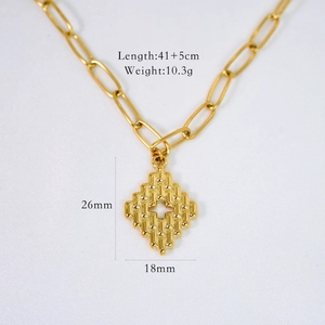 Detail of chunky gold chain necklace with square pendant and size measurements