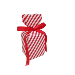 Detail of red and white striped gift box with heart-shaped top and silk ribbon bow