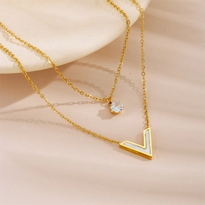 Double-layered 18K gold plated stainless steel necklace with V pendant and zircon stone