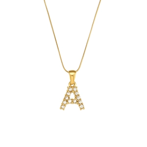 18K gold plated stainless steel snake chain necklace with a zircon pave letter A pendant