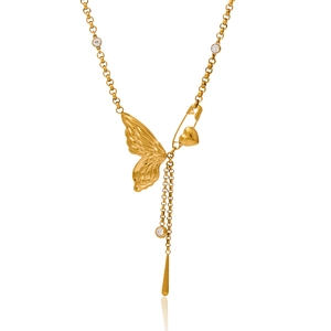 18K gold plated stainless steel necklace with butterfly wing and heart safety pin pendant