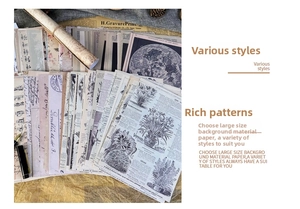 Detail of vintage scrapbooking paper with botanical illustrations and musical scores