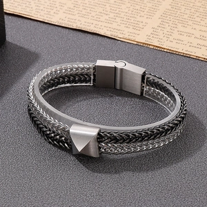 Detail of multi-strand woven stainless steel bracelet with brushed metal clasp