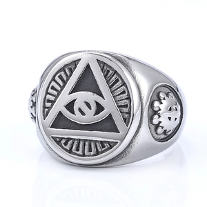 Polished stainless steel Eye of Horus ring with intricate geometric triangle details