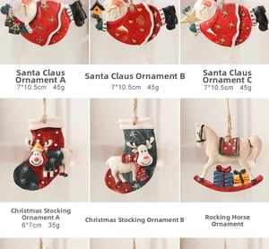 Detailed grid of resin Santa Claus and stocking ornaments showing size and weight details