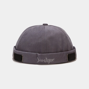 Gray cotton docker cap with shark embroidery and adjustable metal side buckle