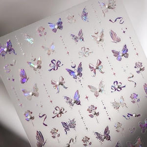 Stereo 5D laser butterfly and rose nail art stickers with pearl accents and gradient finish