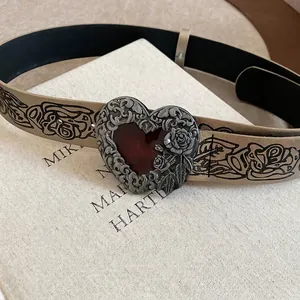 Vintage heart buckle belt with rose flower print on light brown leather for women