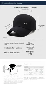 Size chart for cotton baseball cap showing 56-60cm circumference and measurement guide