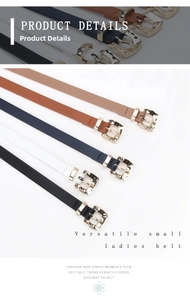 Detail of five multi-color slim ladies belts with textured vintage gold square buckles