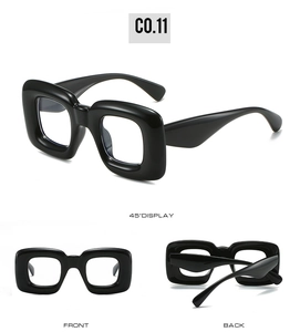 Three-view display of thick black Y2K wrap sunglasses with glossy finish frames