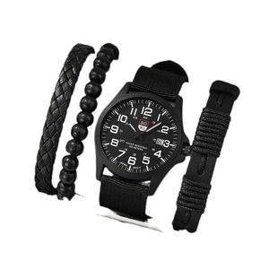 Men's stylish watch set featuring a black nylon strap quartz watch and 3 beaded bracelets