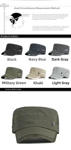 Detalle de gorras militares de secado rápido con malla transpirable y seis opciones de color