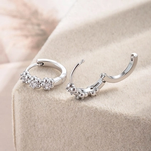 French vintage silver hoop earrings with delicate floral zircon stones in a pair