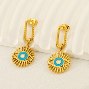 Gold plated stainless steel evil eye drop earrings with blue enamel finish for women