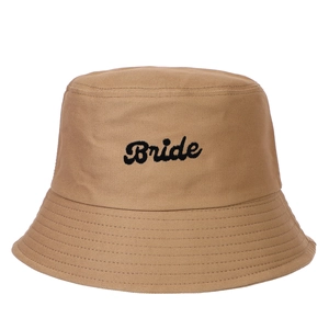 Close-up of khaki cotton bucket hat featuring black cursive Bride embroidery detail