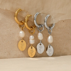 Stainless Steel Hoop Earrings With Artificial Baroque Pearl And Rose Engraved Coin Pendant French Retro Elegant Style For Women
