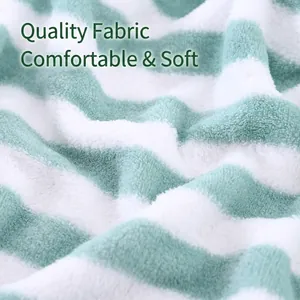 Green and white striped coral fleece towel set with premium soft absorbent texture