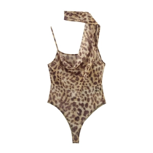Women Leopard Print Bodysuit Mesh Tulle Asymmetric One Shoulder Halter Scarf Tie Ruched Sexy Top