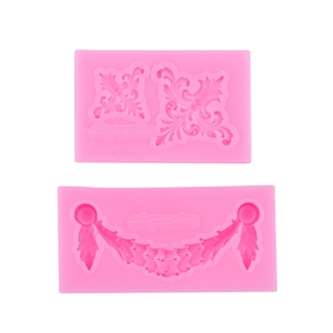 Pink silicone fondant mold set featuring vintage European embossed lace scroll designs