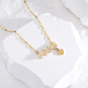 Elegant gold titanium steel LOVE necklace with sparkling zircons and heart charm pendant