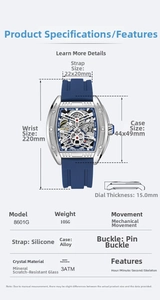 Technical diagram of automatic skeleton sports watch with blue silicone strap dimensions