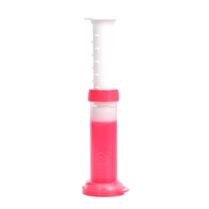 Floral toilet cleaning gel stamper in rose red with white applicator on white background