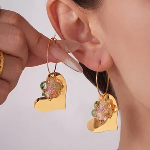 Créoles Coeur Acier Inoxydable Plaqué Or 18K Avec Fleur En Résine Pour Femmes Bijoux Vintage Esthétique