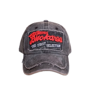 Close-up of Buckaroo Jeans vintage washed baseball cap with 3D embroidery and distressed edges