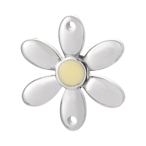 Silver stainless steel six-petal daisy connector with beige center and double holes