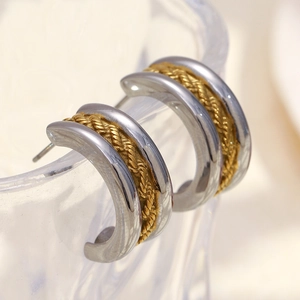 Boucles d'oreilles rétro en forme de C, tons or et argent, motif de corde tressée