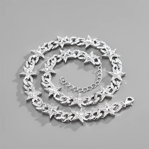Close-up of hip hop silver Cuban chain necklace featuring sparkling rhinestone star charms
