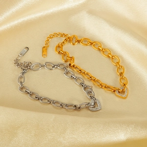 Elegant gold and silver stainless steel chain bracelets with sparkling heart pendants